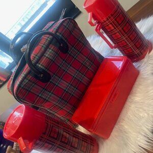 Vintage Aladdin Picnic Set Of 2 Thermos Bottles & Lunch Box Red Plaid Tote Bag